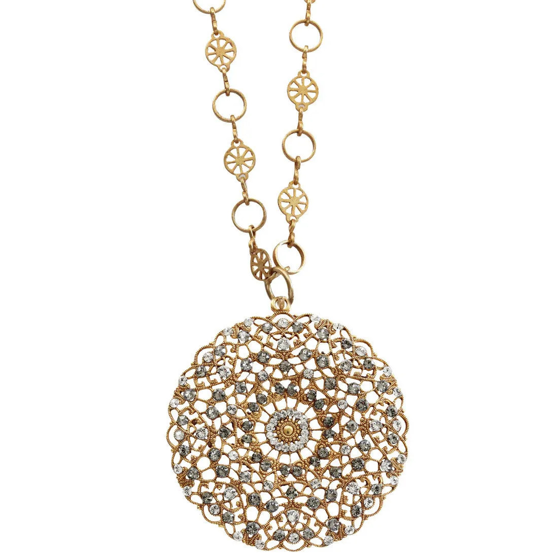 Catherine Popesco 14k Gold Plated Filigree Round Large Lace Medallion Necklace, 18" 1120BG Clear Gray