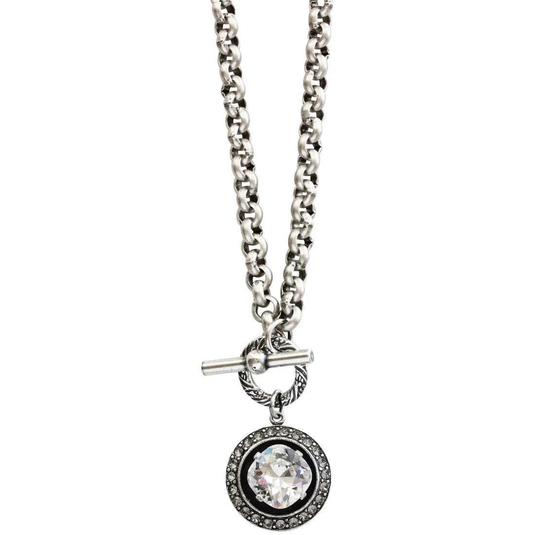 Catherine Popesco Sterling Silver Plated Round Crystal Border Pendant Necklace, 17" 1492 Clear