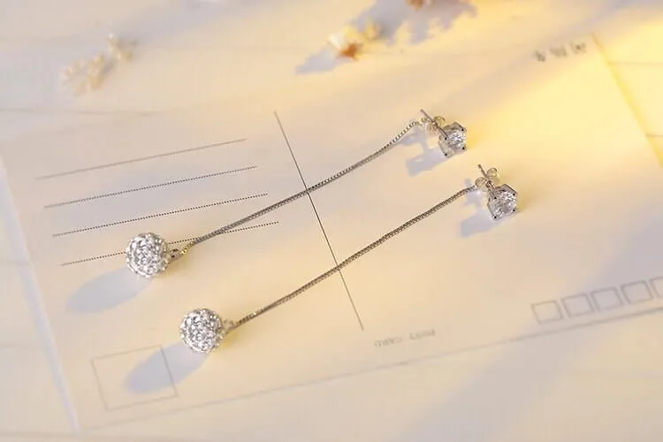 Chain Dangle Ear Jacket 2-in-1 Earrings, Bridal 925 Sterling Silver Post Earrings, Wedding CZ Diamond Ear Studs