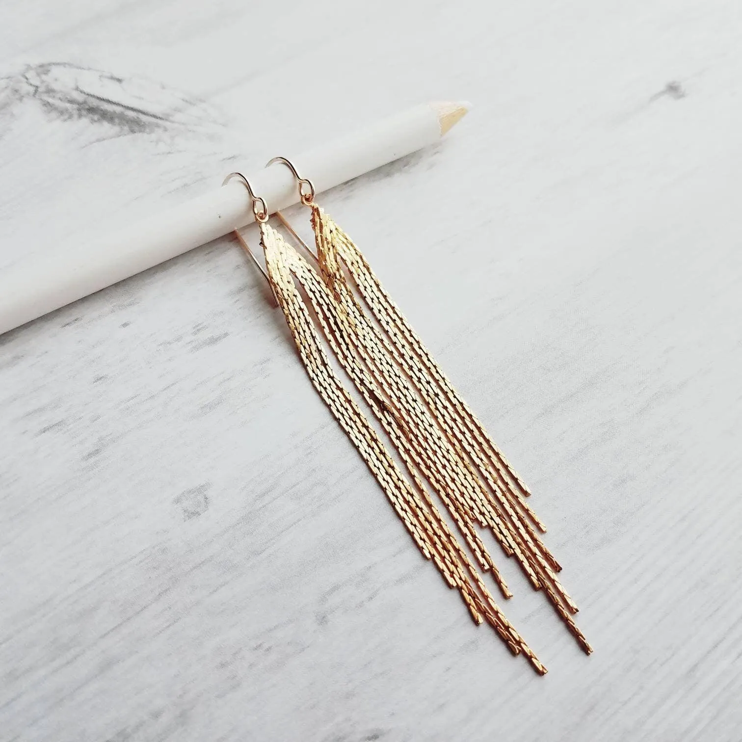 Chain Fringe Earrings, 14K gold fill hooks, long gold chain earring, flexible strands, gold tassel earring, flowing sexy earring v shape
