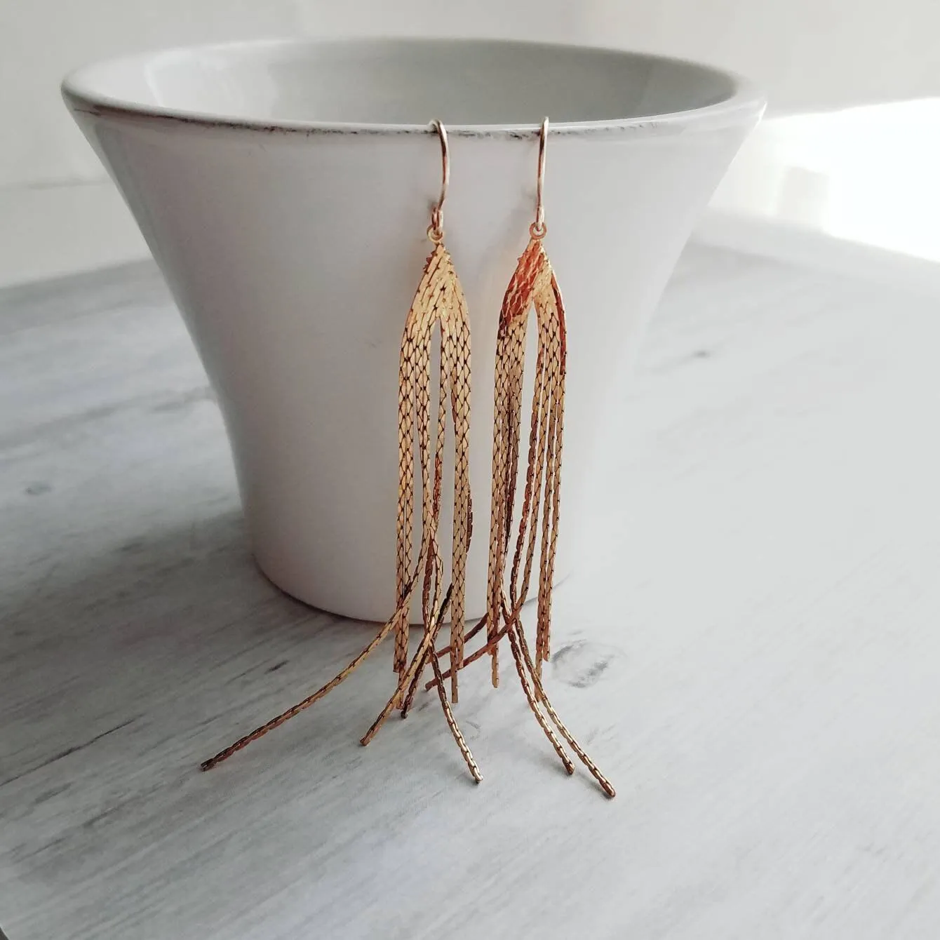Chain Fringe Earrings, 14K gold fill hooks, long gold chain earring, flexible strands, gold tassel earring, flowing sexy earring v shape
