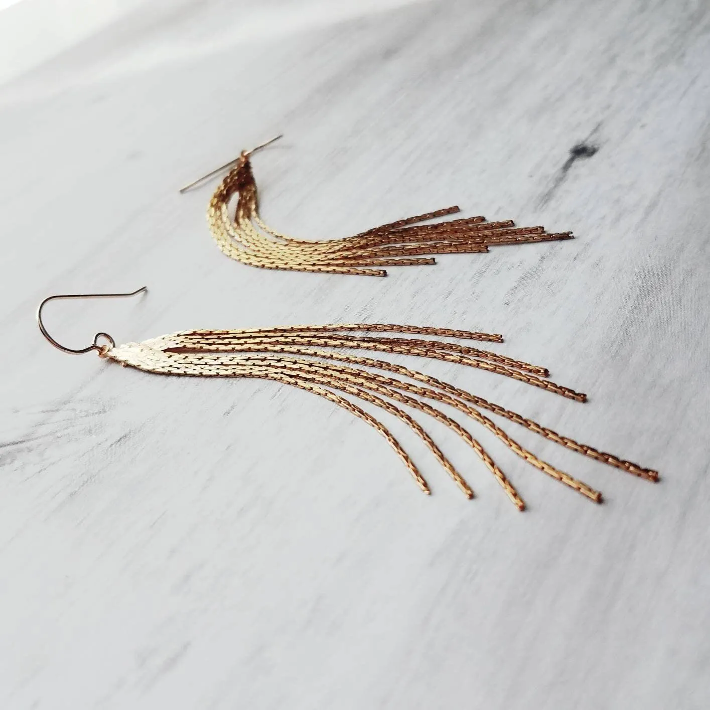 Chain Fringe Earrings, 14K gold fill hooks, long gold chain earring, flexible strands, gold tassel earring, flowing sexy earring v shape