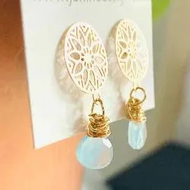 Chalcedony and Medallion Stud Earrings, Gold wrapped Gemstone Earrings, Gold Dangle Earrings