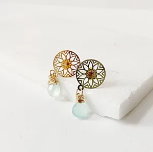 Chalcedony and Medallion Stud Earrings, Gold wrapped Gemstone Earrings, Gold Dangle Earrings