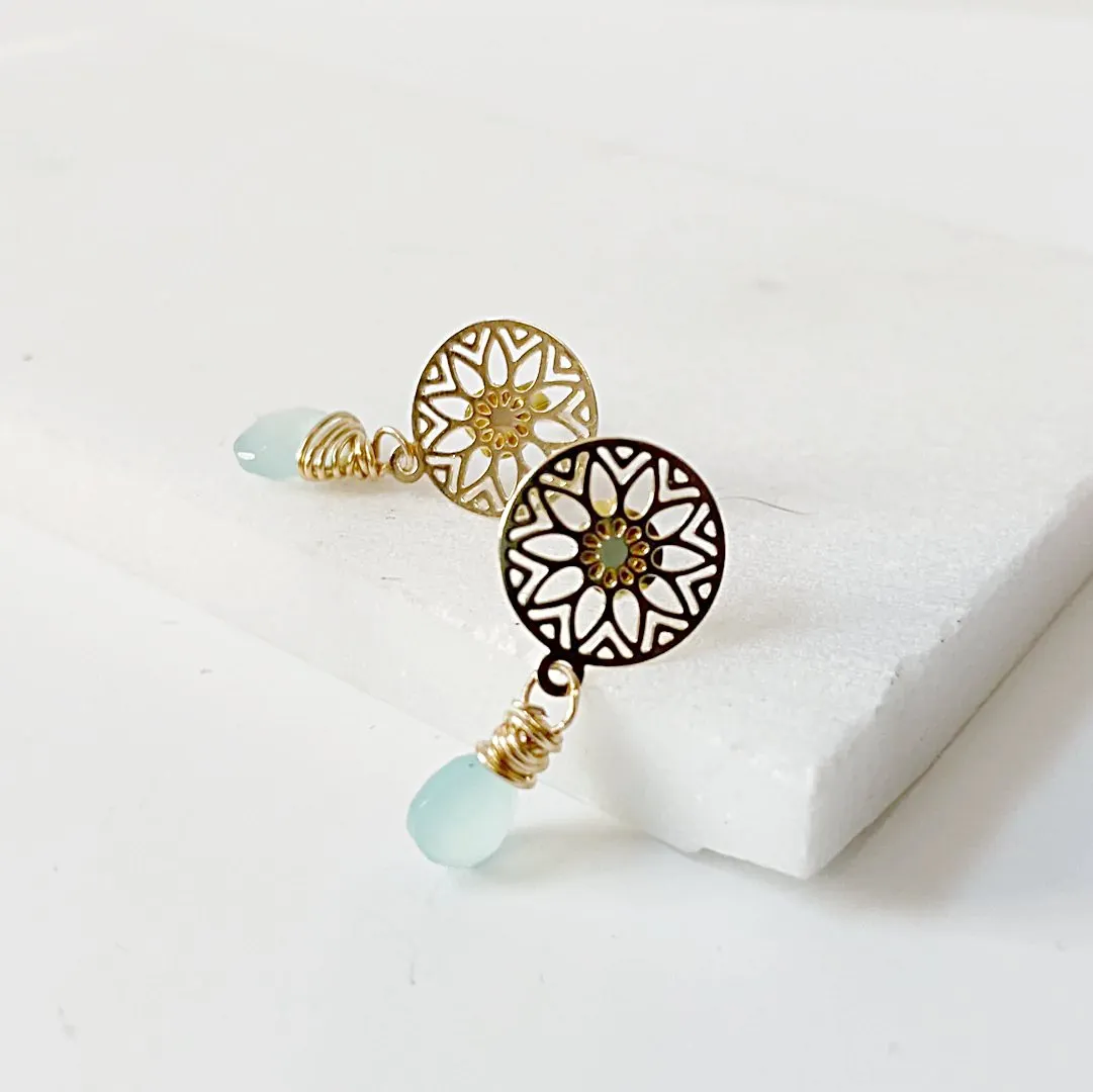Chalcedony and Medallion Stud Earrings, Gold wrapped Gemstone Earrings, Gold Dangle Earrings
