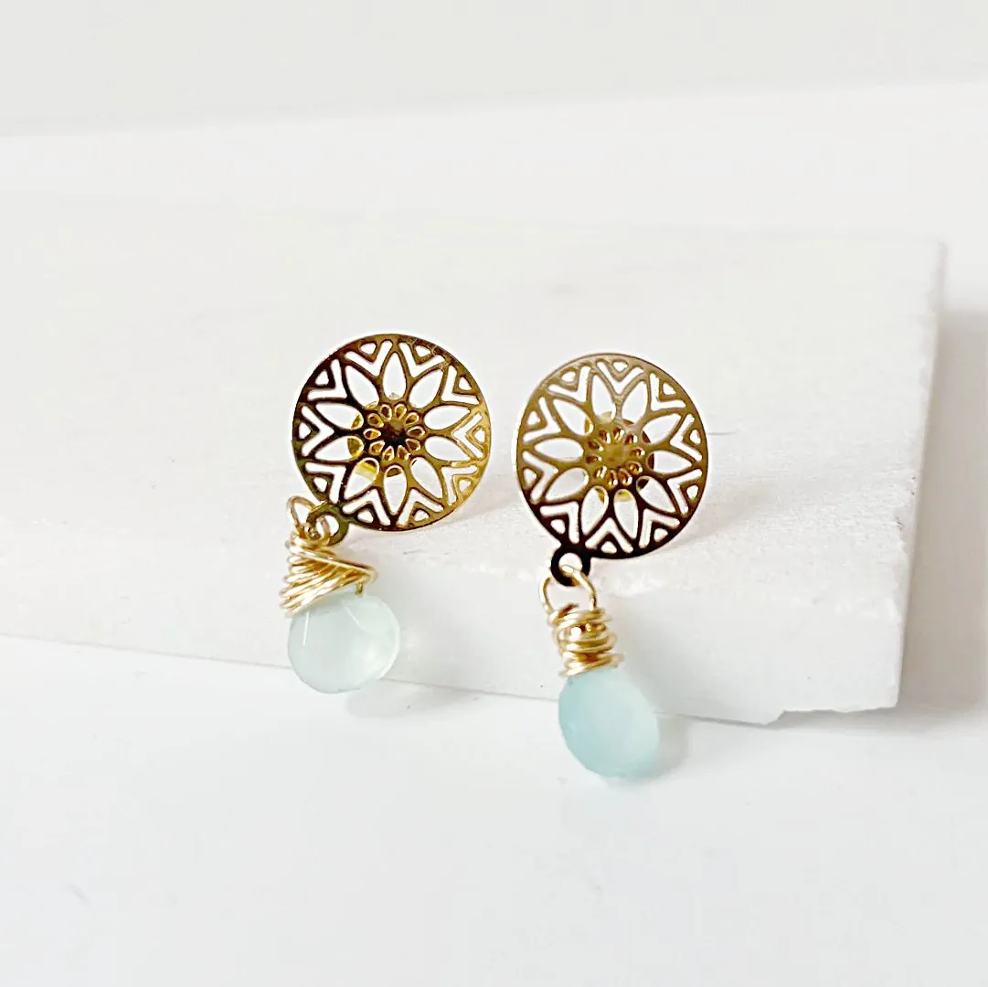 Chalcedony and Medallion Stud Earrings, Gold wrapped Gemstone Earrings, Gold Dangle Earrings