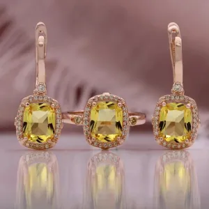 Champagne Natural Zircon Ring Earrings 585 Rose Gold Jewelry Set for Women