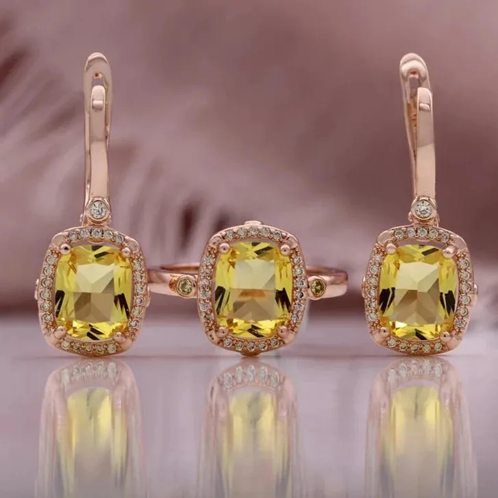 Champagne Natural Zircon Ring Earrings 585 Rose Gold Jewelry Set for Women