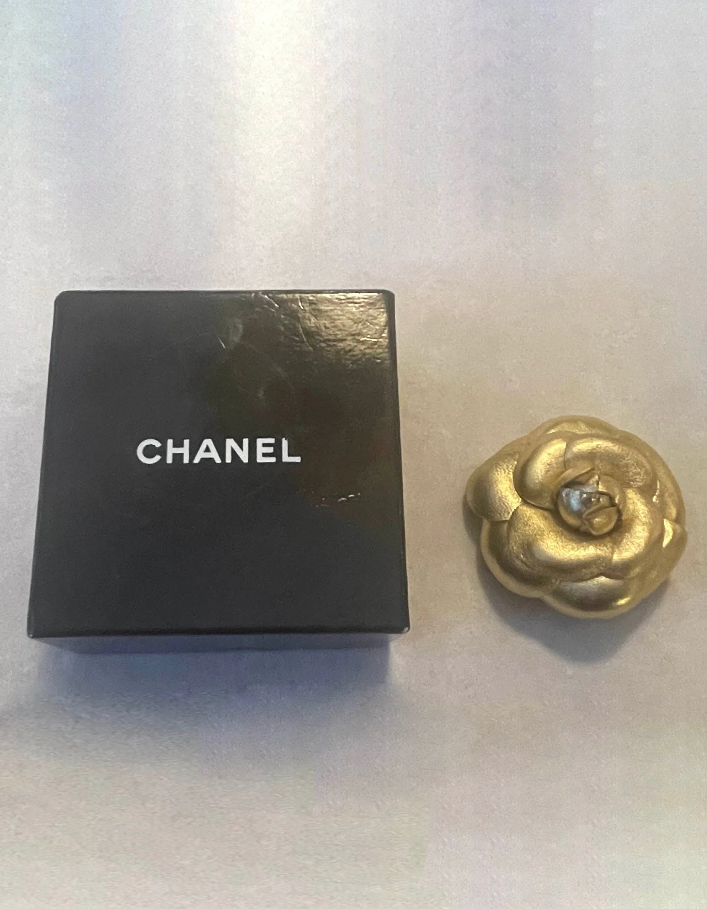 Chanel Gold Leather Camellia Brooch