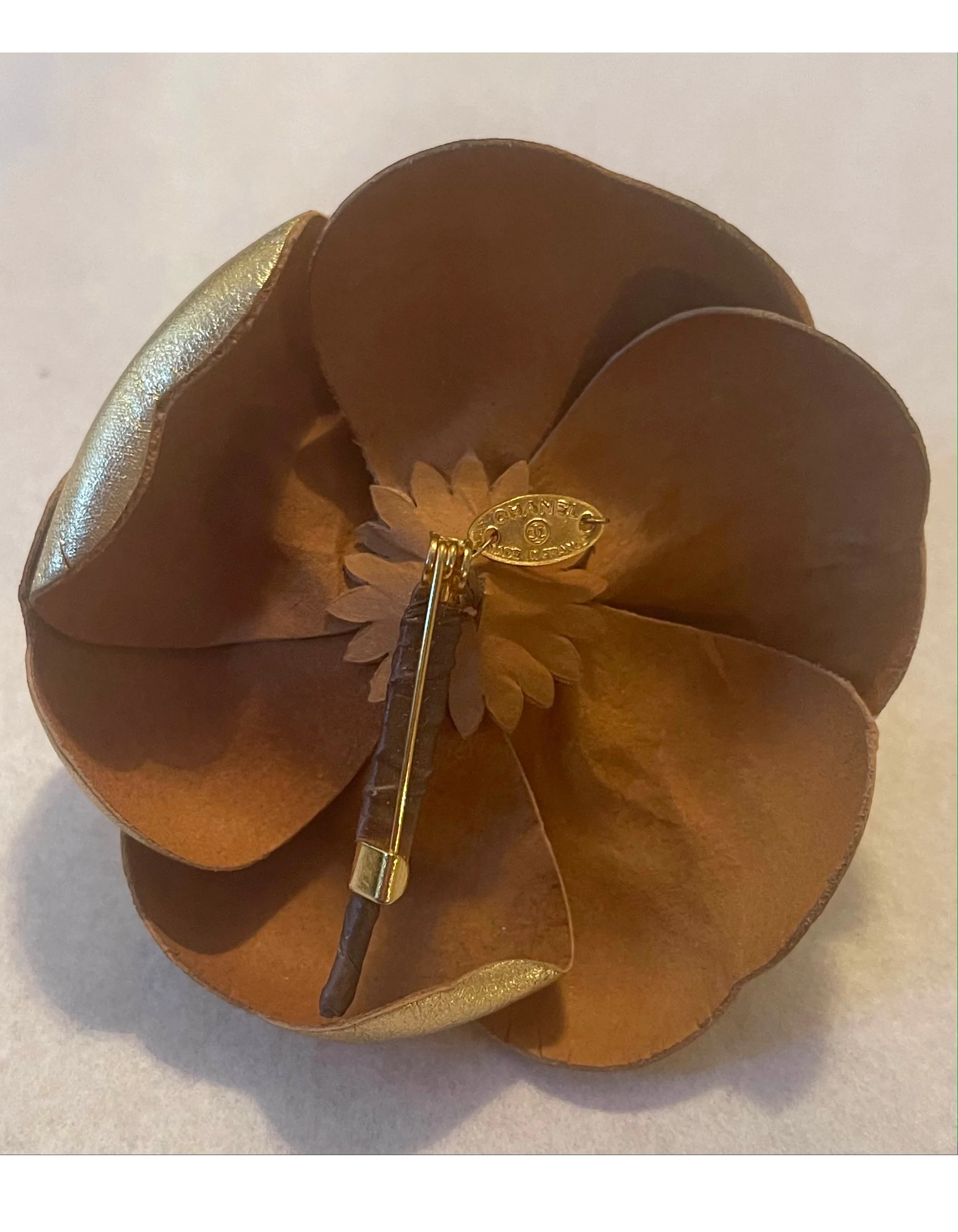 Chanel Gold Leather Camellia Brooch