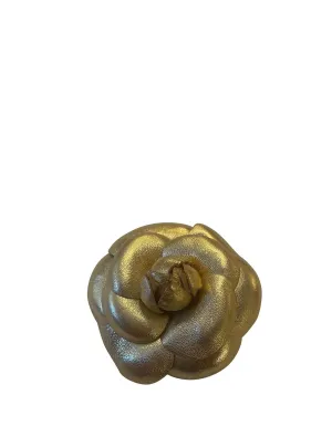 Chanel Gold Leather Camellia Brooch