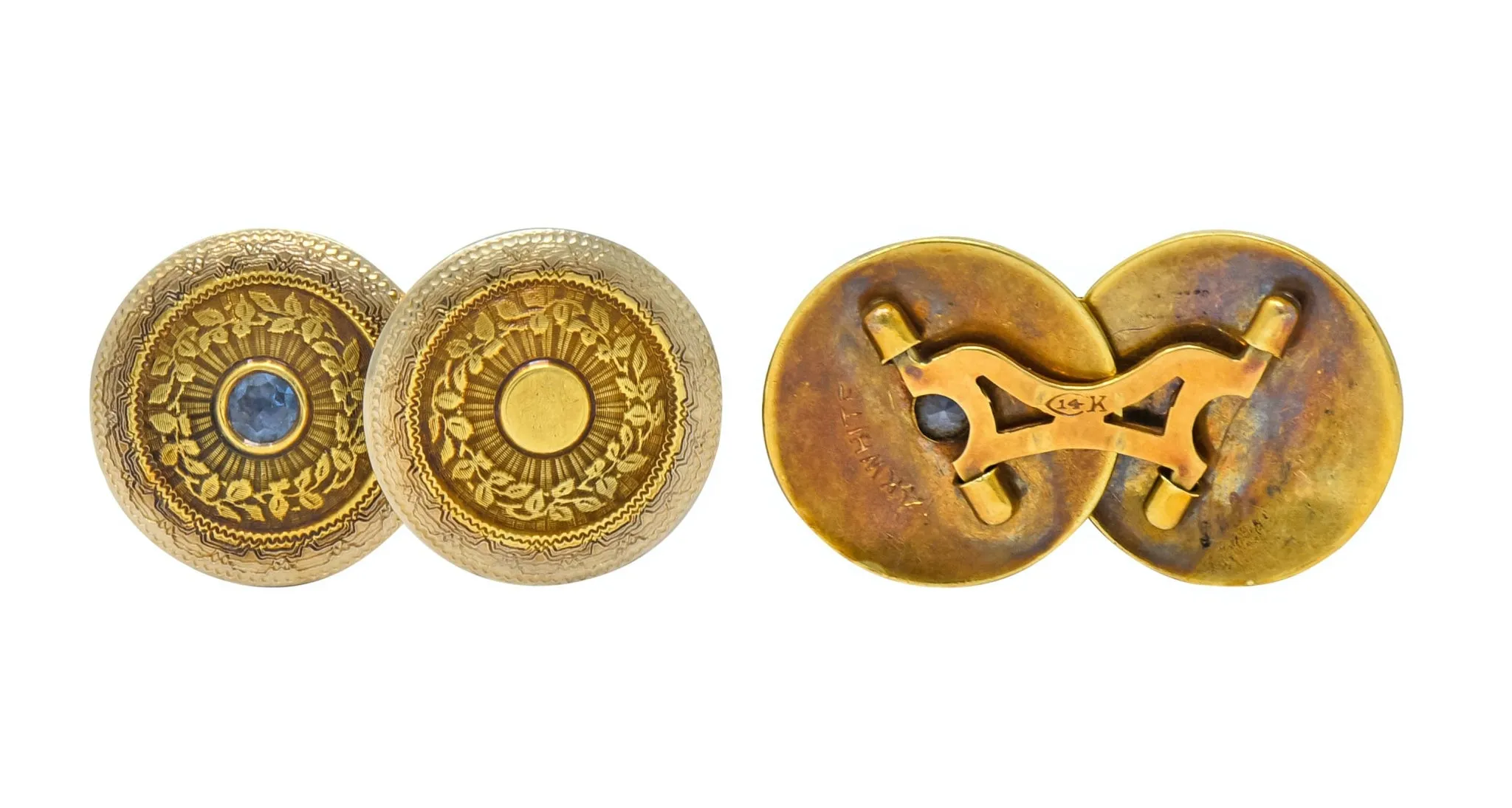Chas. Keller Co. Sapphire 14 Karat Gold Men's Art Deco Disk Cufflinks