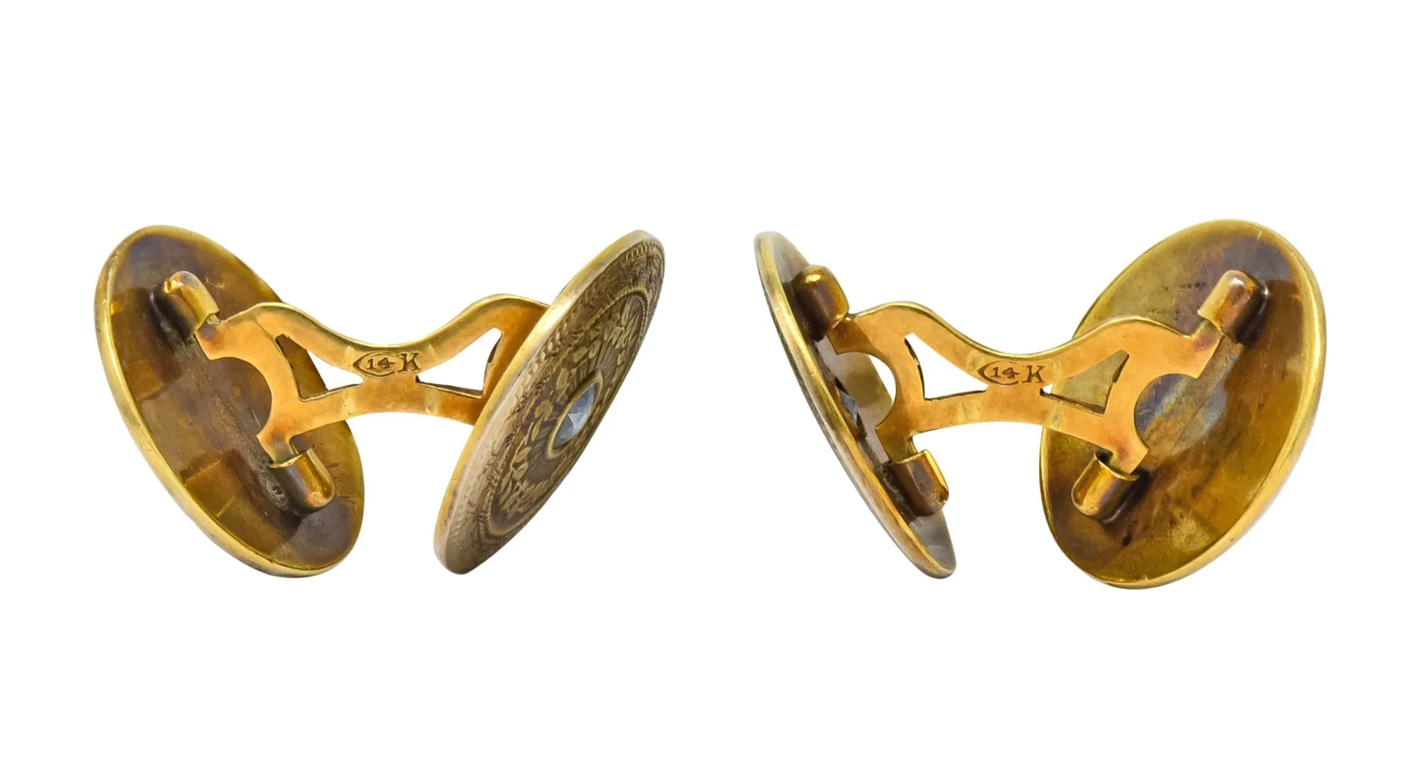 Chas. Keller Co. Sapphire 14 Karat Gold Men's Art Deco Disk Cufflinks