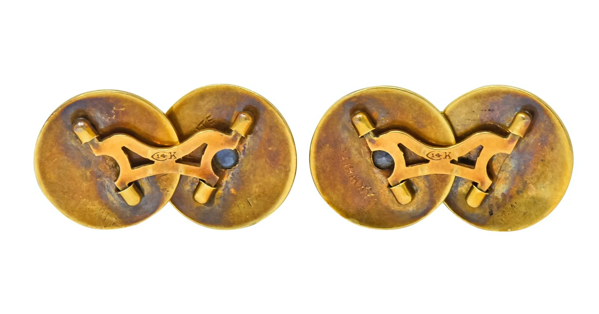 Chas. Keller Co. Sapphire 14 Karat Gold Men's Art Deco Disk Cufflinks