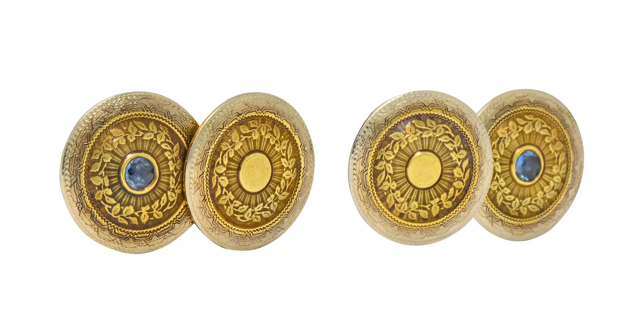 Chas. Keller Co. Sapphire 14 Karat Gold Men's Art Deco Disk Cufflinks