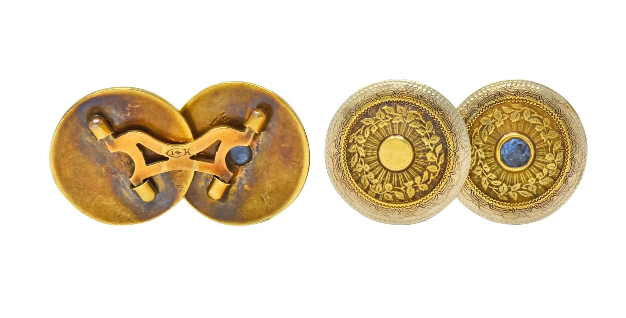 Chas. Keller Co. Sapphire 14 Karat Gold Men's Art Deco Disk Cufflinks