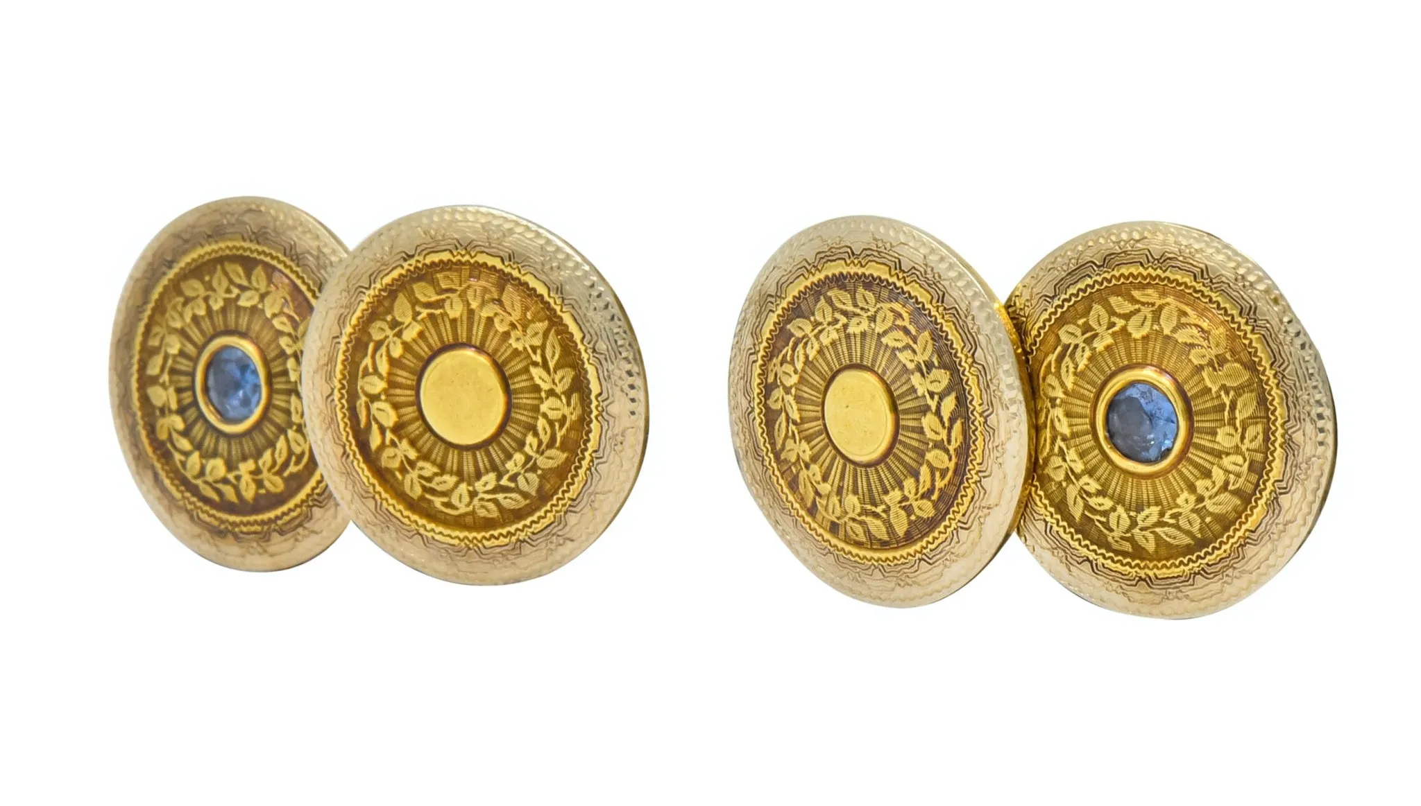 Chas. Keller Co. Sapphire 14 Karat Gold Men's Art Deco Disk Cufflinks