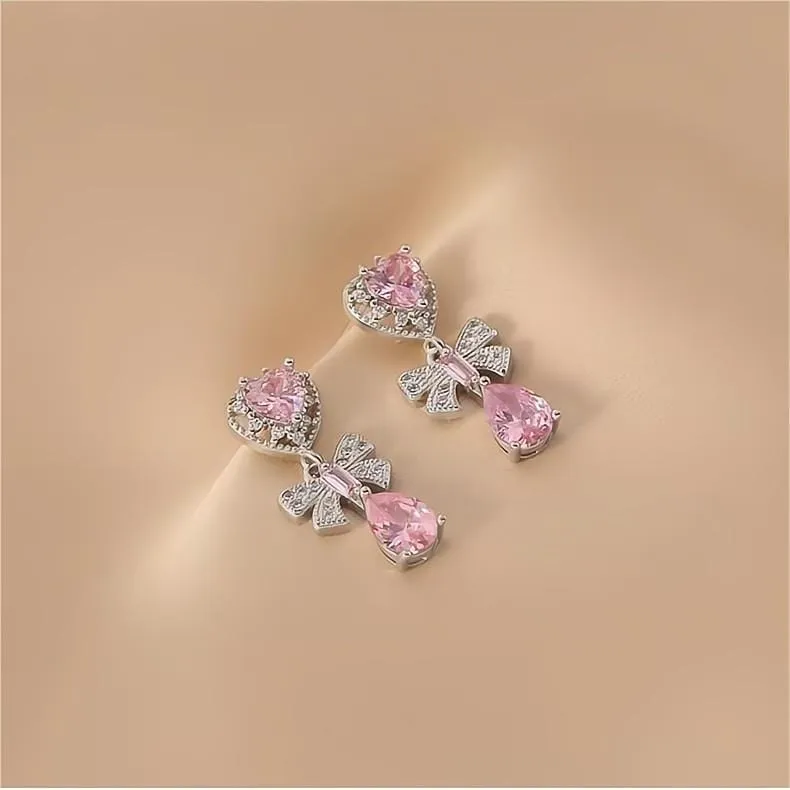 Chic CZ Inlaid Crystal Ribbon Heart Dangle Earrings