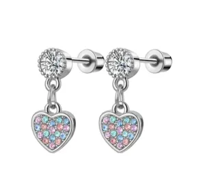 Children's and Teens' Earrings:  Surgical Steel, Clear CZ Stud with Pink and Blue CZ Heart Dangles