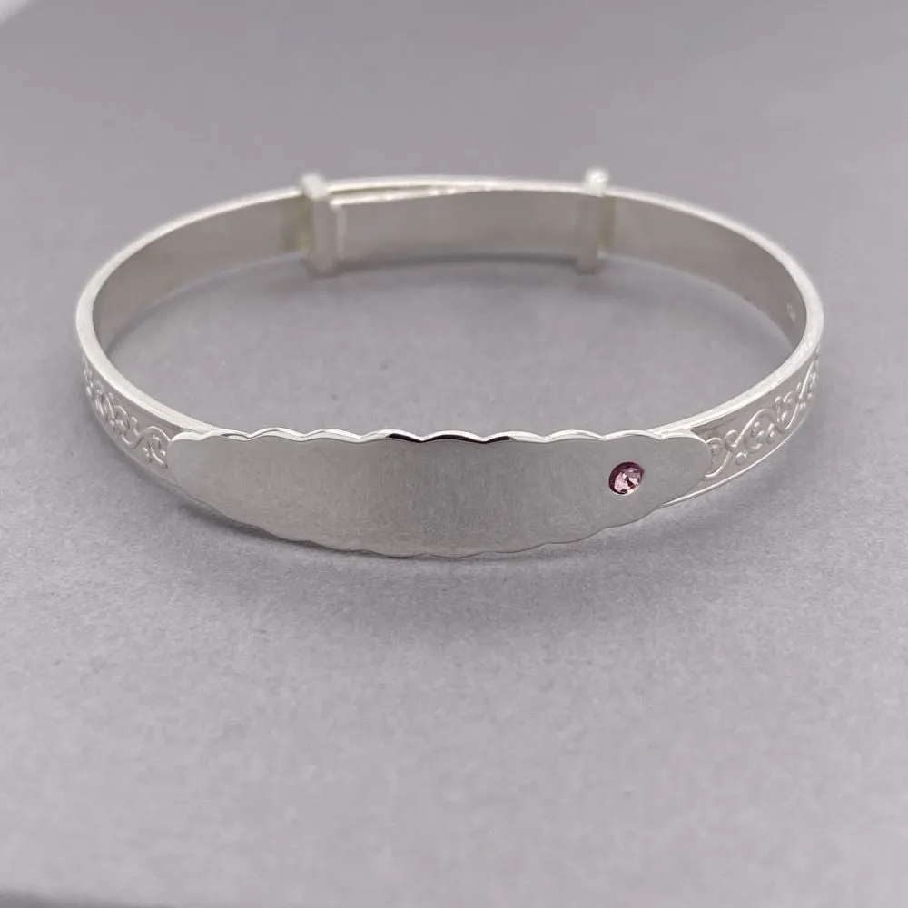 Children's Bangles:  Sterling Silver Embossed ID Bangle with Pink CZ Age 4 - 7 with Gift Box