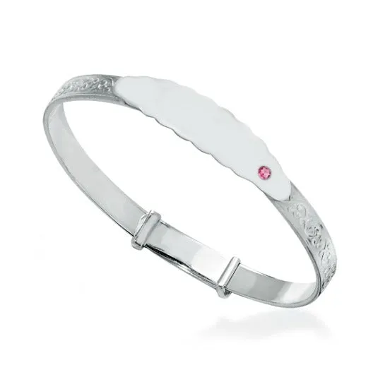 Children's Bangles:  Sterling Silver Embossed ID Bangle with Pink CZ Age 4 - 7 with Gift Box