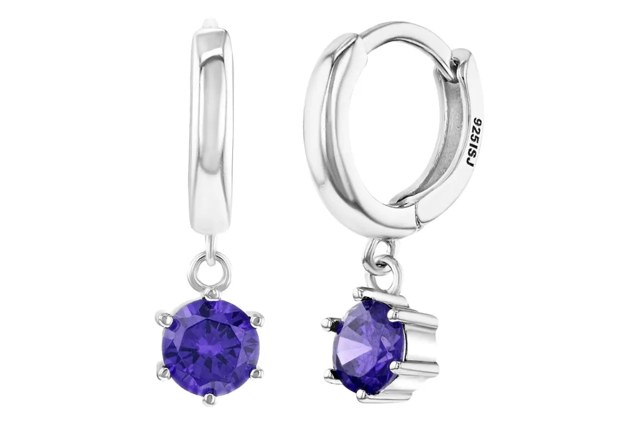 Children's Earrings:  Sterling Silver Huggie Hoops with Amethyst CZ Dangles