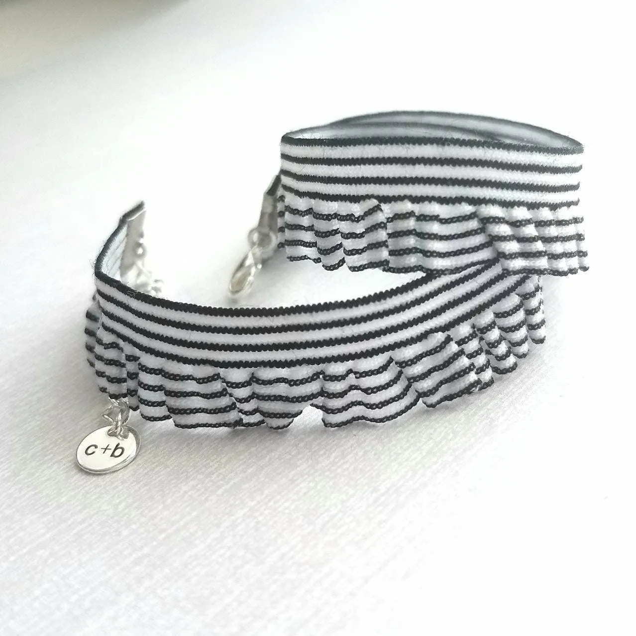 Choker Necklace, ruffle collar, ruffle necklace, stretch choker, elastic choker, black white stripe choker, ruffle choker, striped choker
