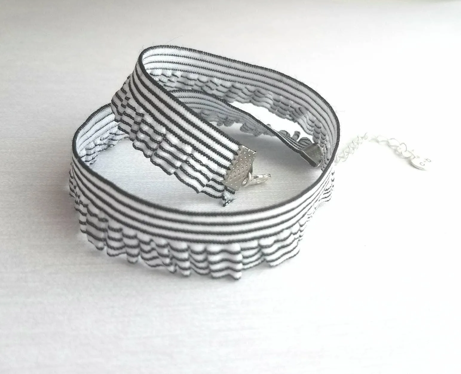 Choker Necklace, ruffle collar, ruffle necklace, stretch choker, elastic choker, black white stripe choker, ruffle choker, striped choker