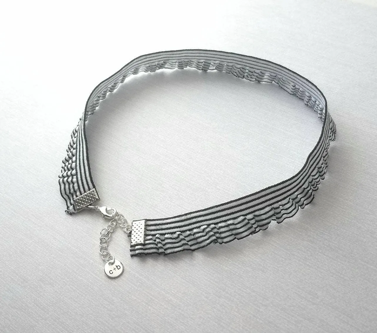Choker Necklace, ruffle collar, ruffle necklace, stretch choker, elastic choker, black white stripe choker, ruffle choker, striped choker