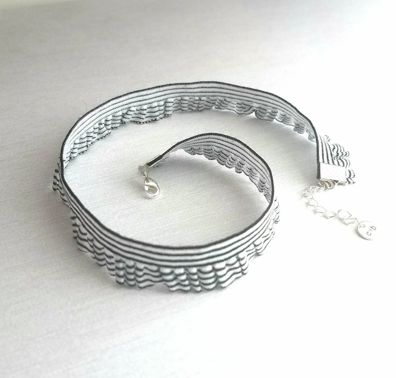 Choker Necklace, ruffle collar, ruffle necklace, stretch choker, elastic choker, black white stripe choker, ruffle choker, striped choker