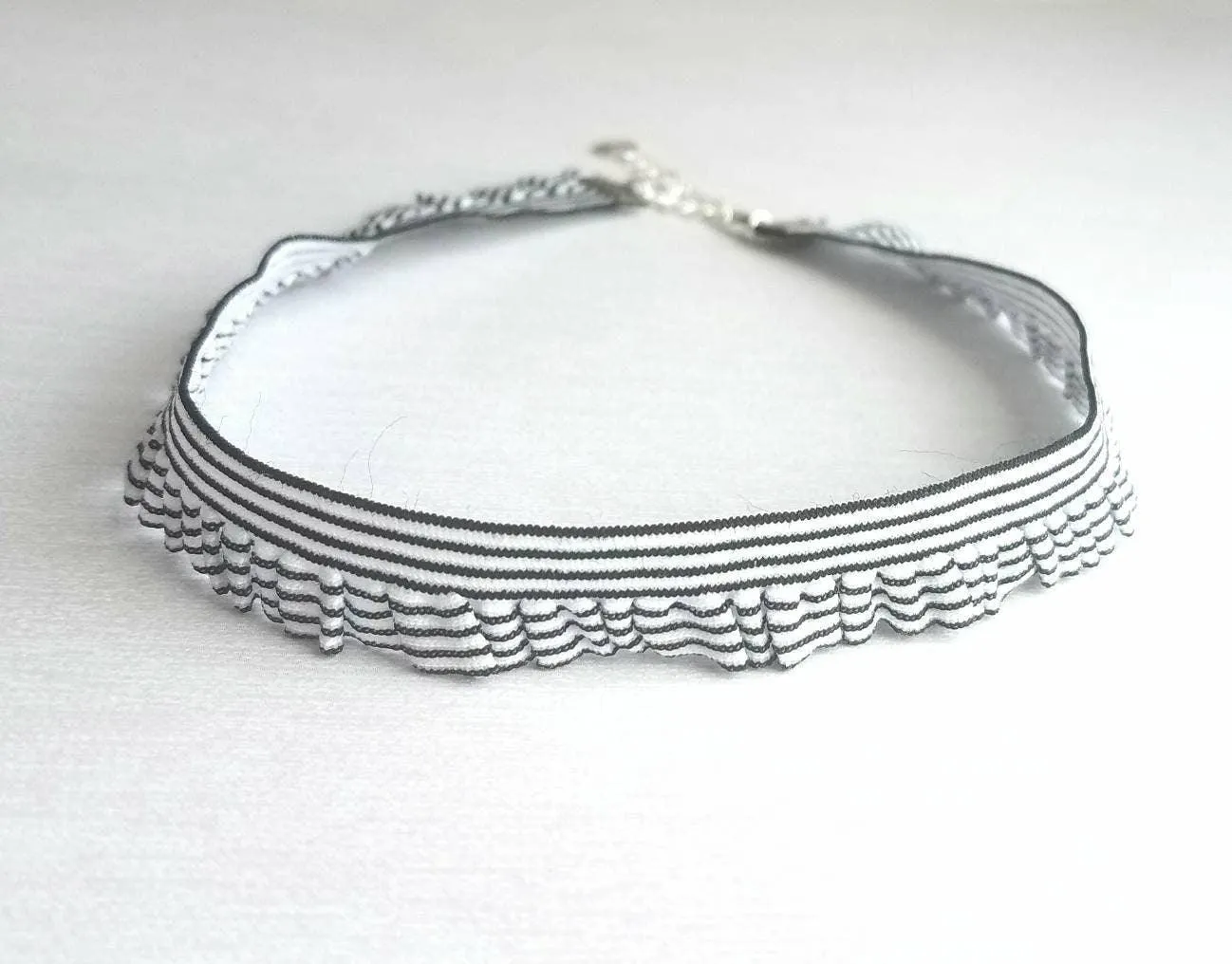 Choker Necklace, ruffle collar, ruffle necklace, stretch choker, elastic choker, black white stripe choker, ruffle choker, striped choker