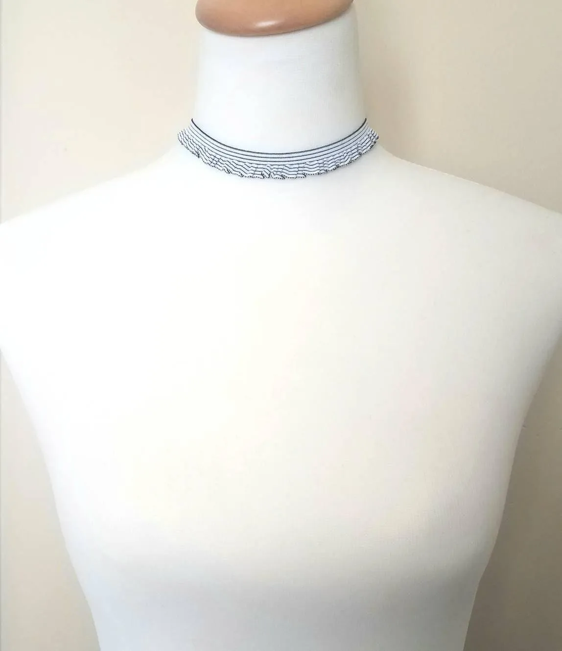 Choker Necklace, ruffle collar, ruffle necklace, stretch choker, elastic choker, black white stripe choker, ruffle choker, striped choker