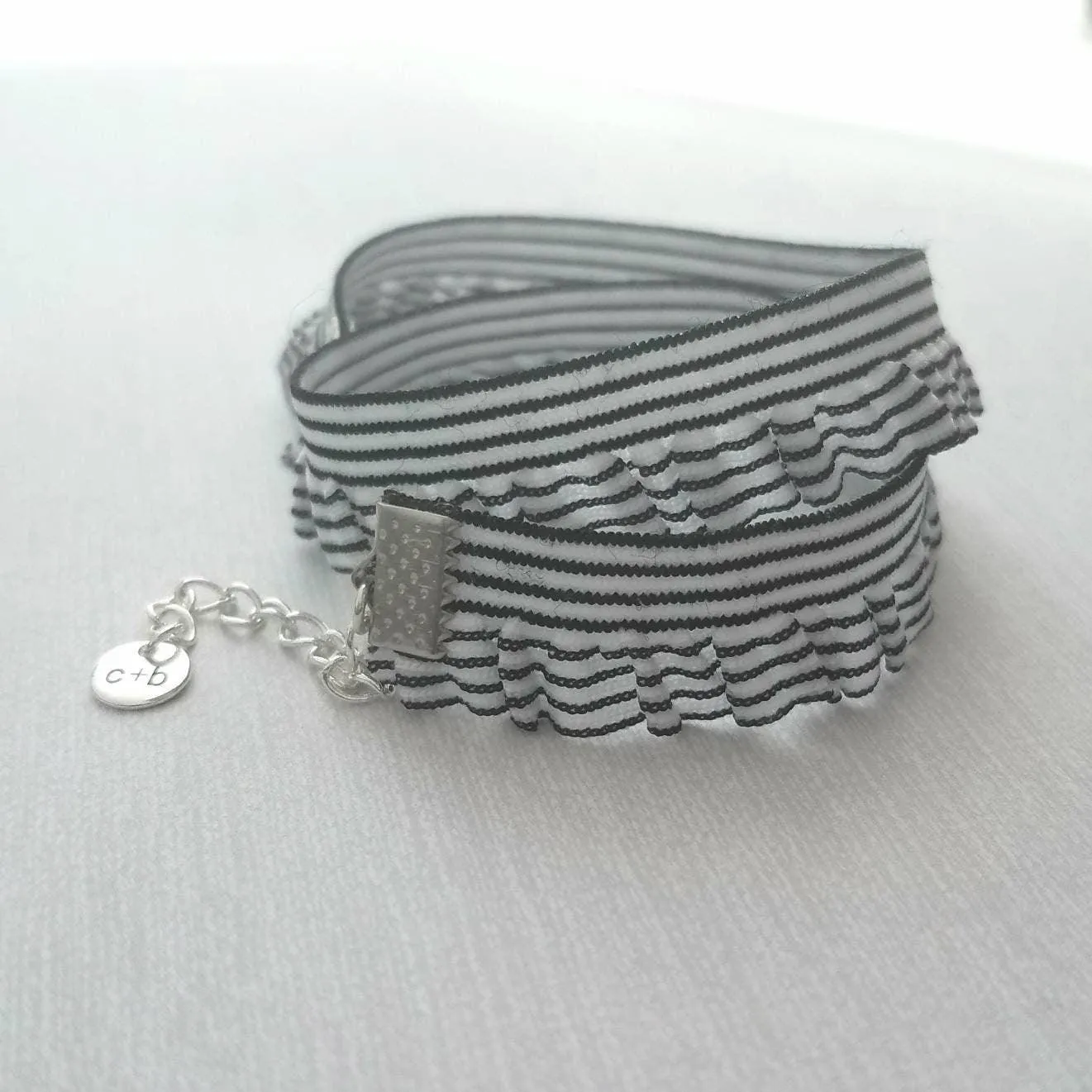 Choker Necklace, ruffle collar, ruffle necklace, stretch choker, elastic choker, black white stripe choker, ruffle choker, striped choker