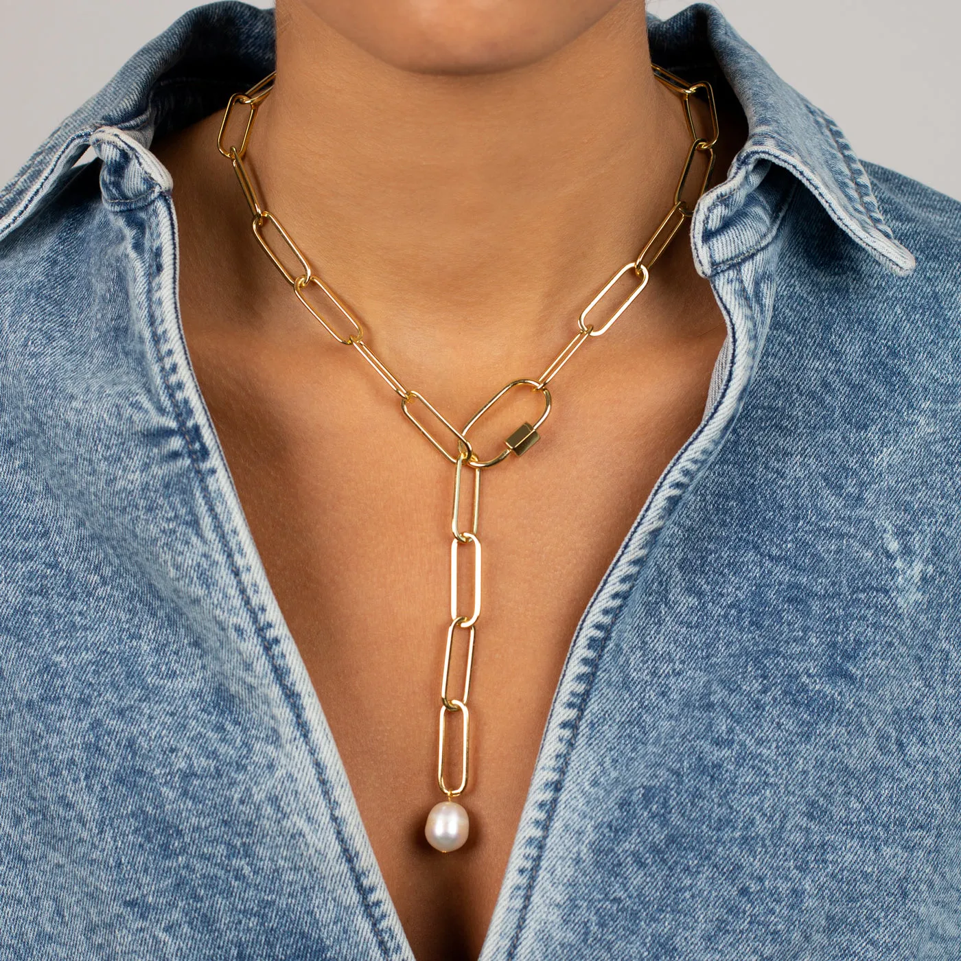 Chunky Toggle Link Pearl Lariat Necklace
