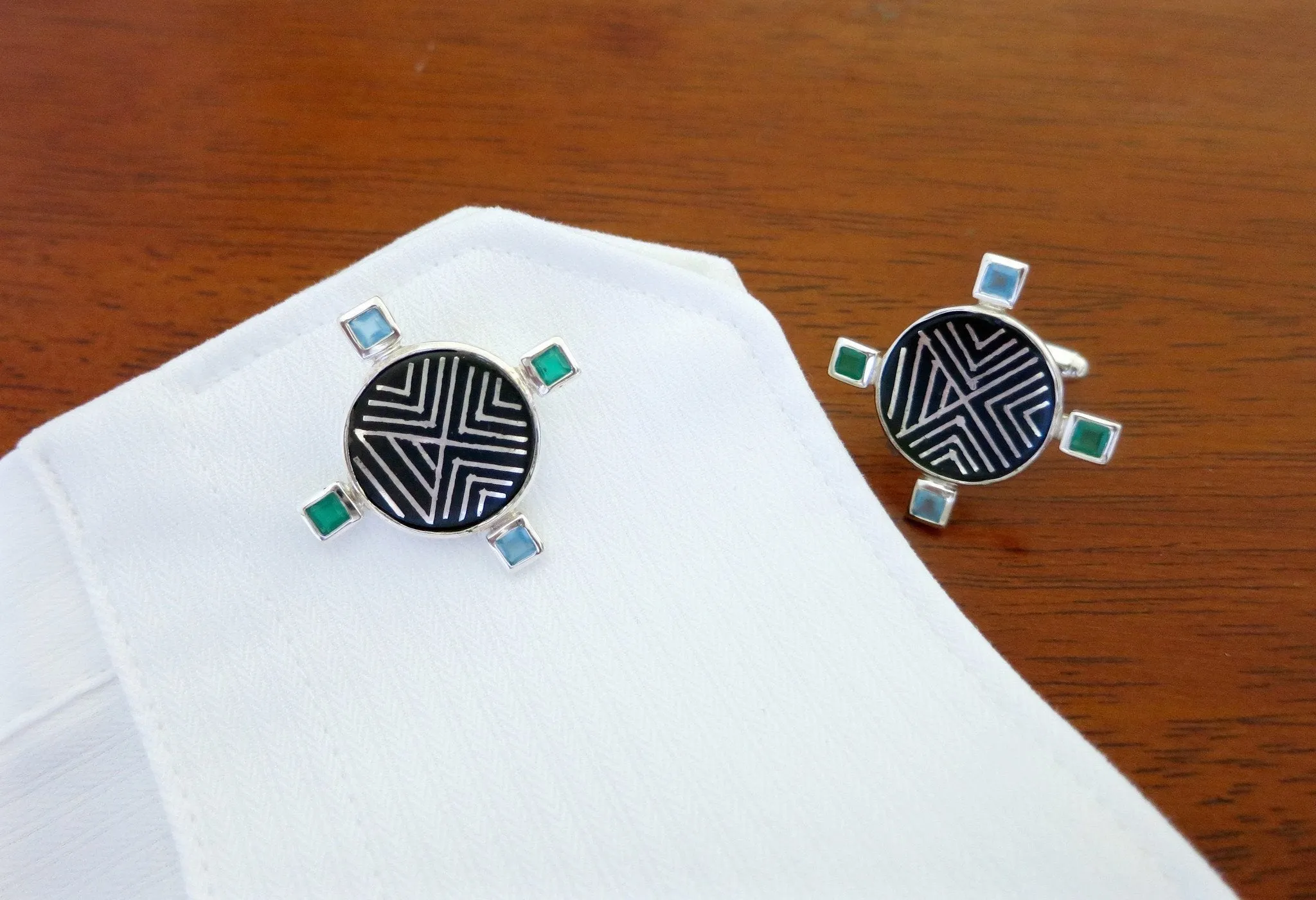 Classy, round, Bidri cufflinks with faceted square stones