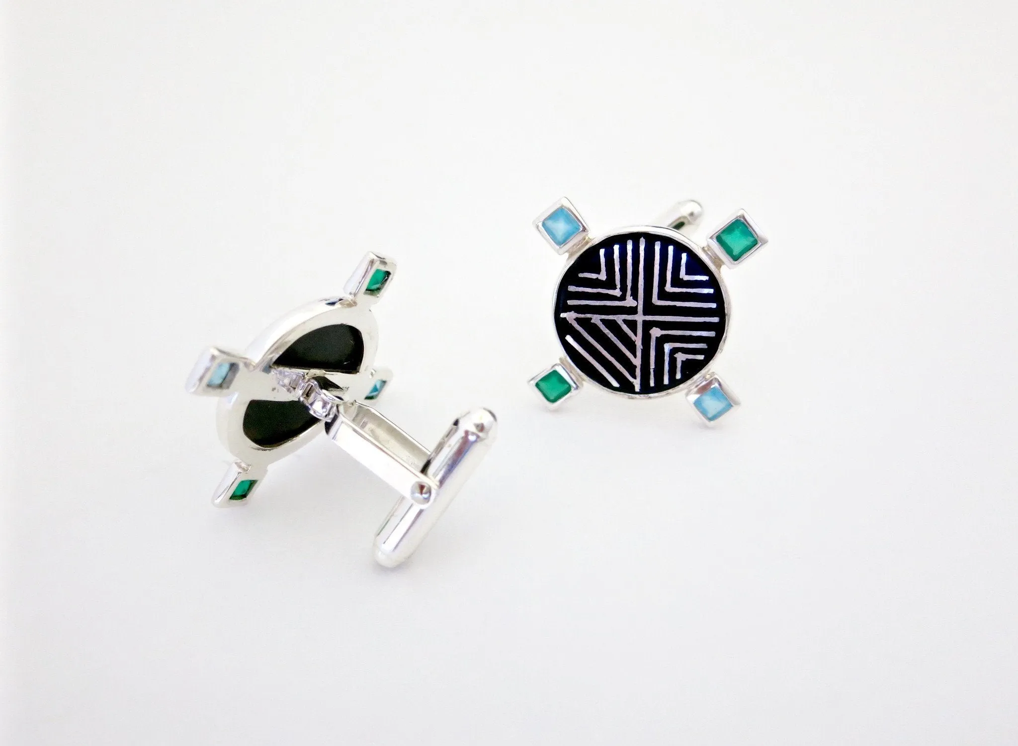Classy, round, Bidri cufflinks with faceted square stones
