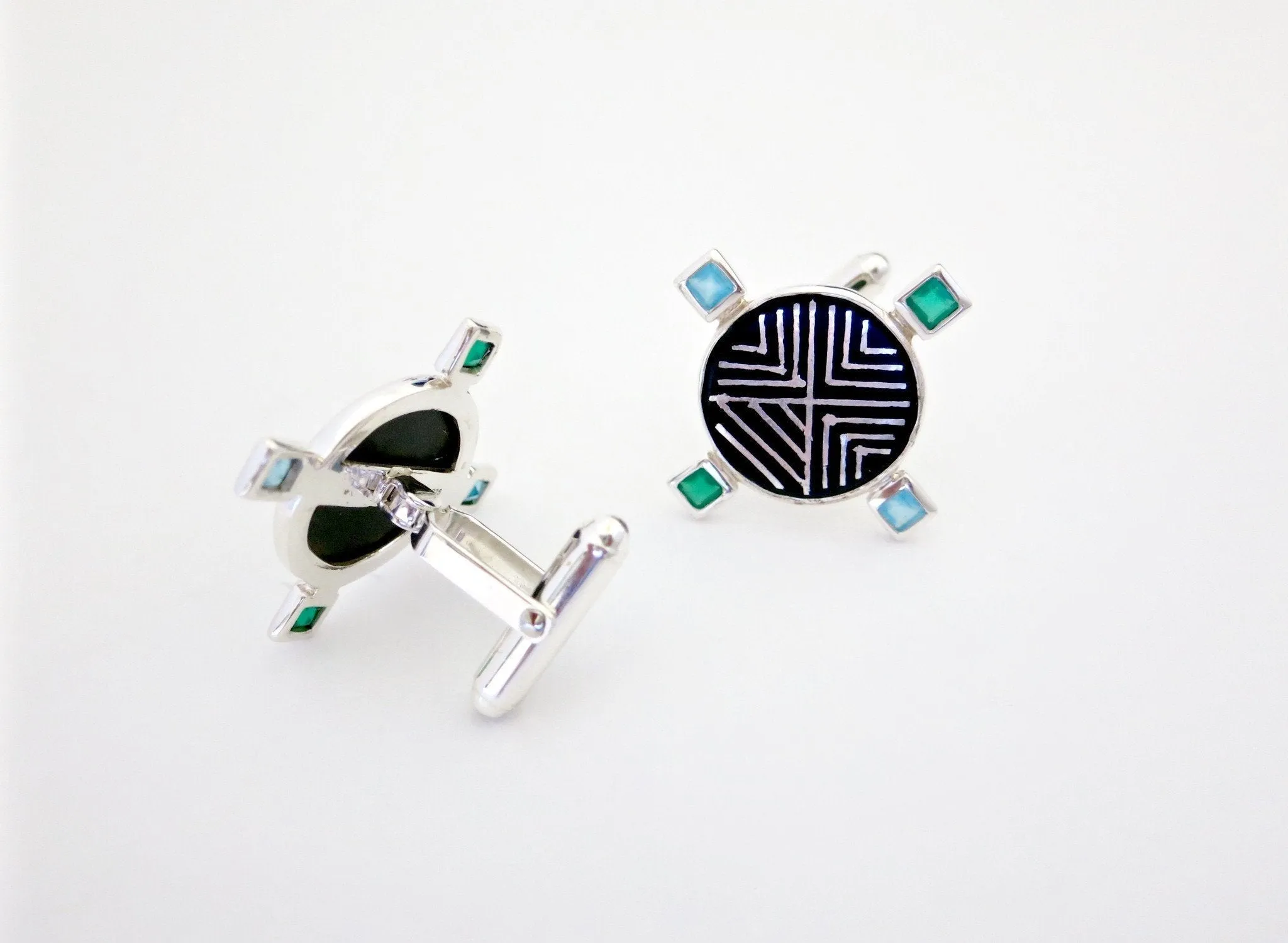 Classy, round, Bidri cufflinks with faceted square stones