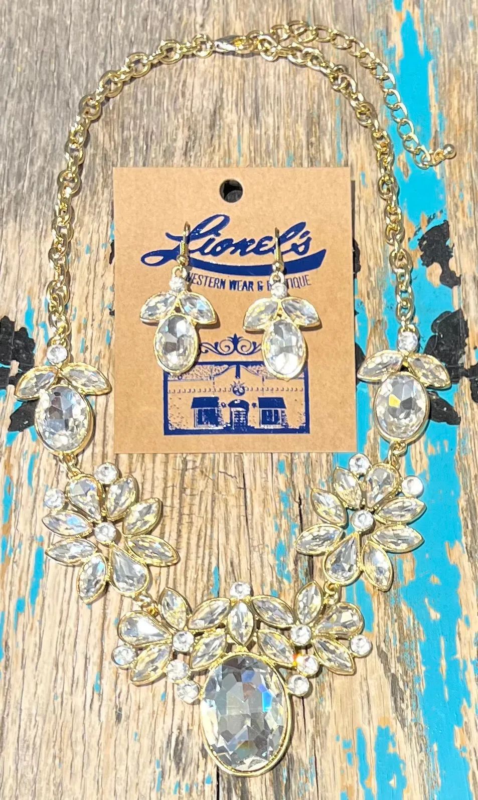 Clear Crystal on Gold Necklace w/ Earrings
