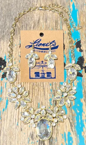 Clear Crystal on Gold Necklace w/ Earrings