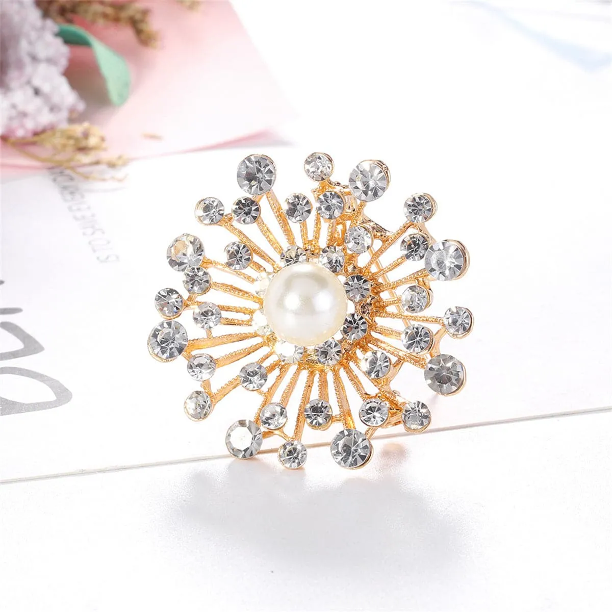 Clear Cubic Zirconia & Pearl 18K Gold-Plated Firework Brooch