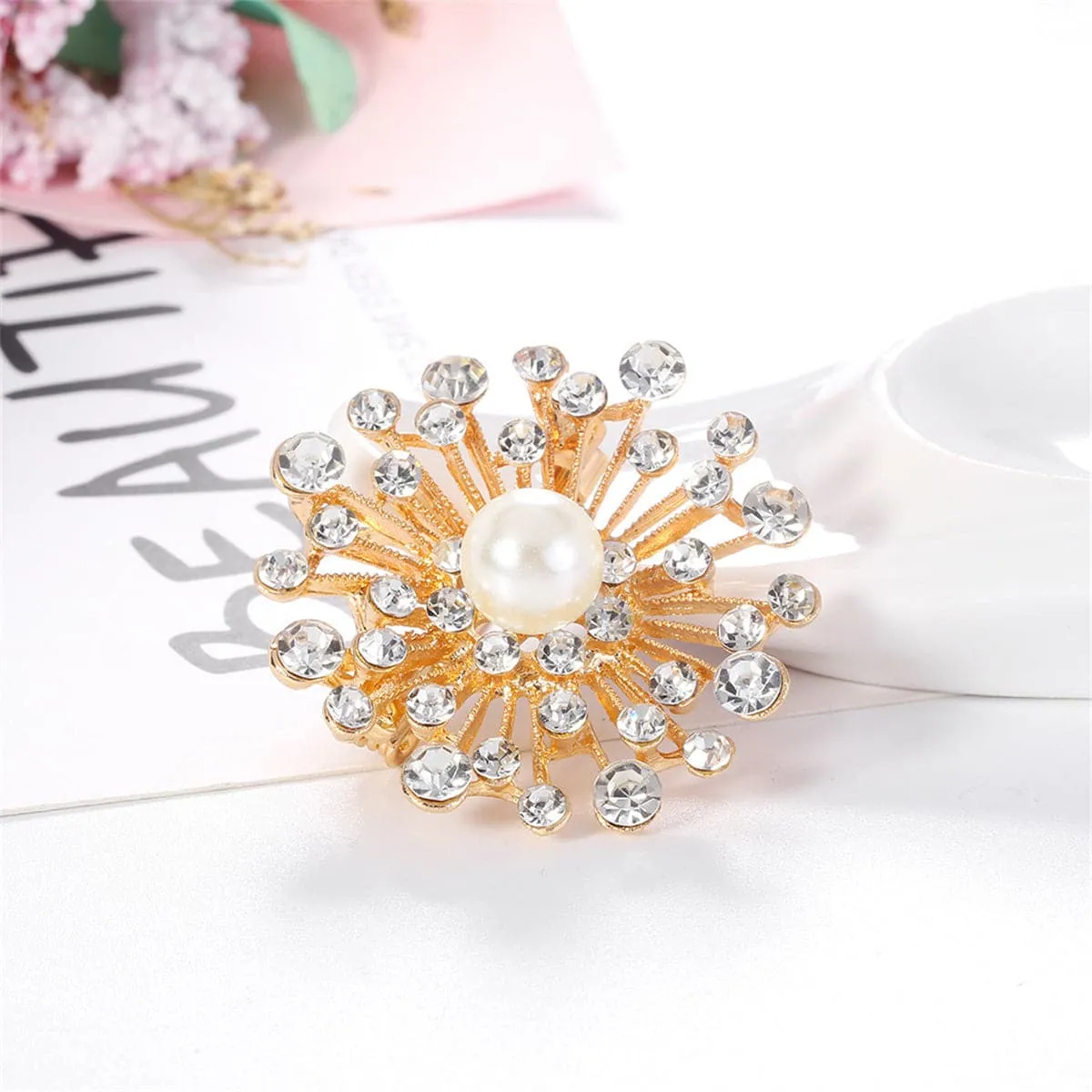 Clear Cubic Zirconia & Pearl 18K Gold-Plated Firework Brooch