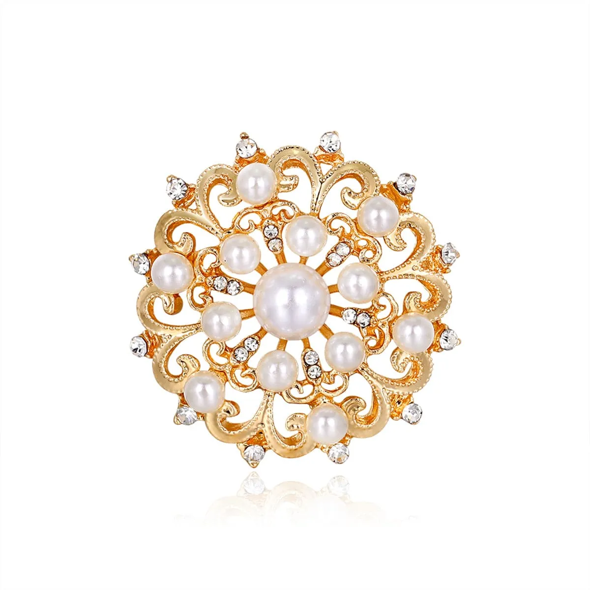 Clear Cubic Zirconia & Pearl 18K Gold-Plated Round Floral Brooch