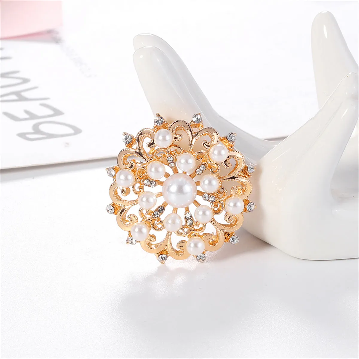 Clear Cubic Zirconia & Pearl 18K Gold-Plated Round Floral Brooch