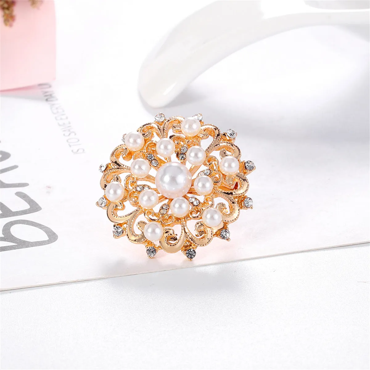 Clear Cubic Zirconia & Pearl 18K Gold-Plated Round Floral Brooch