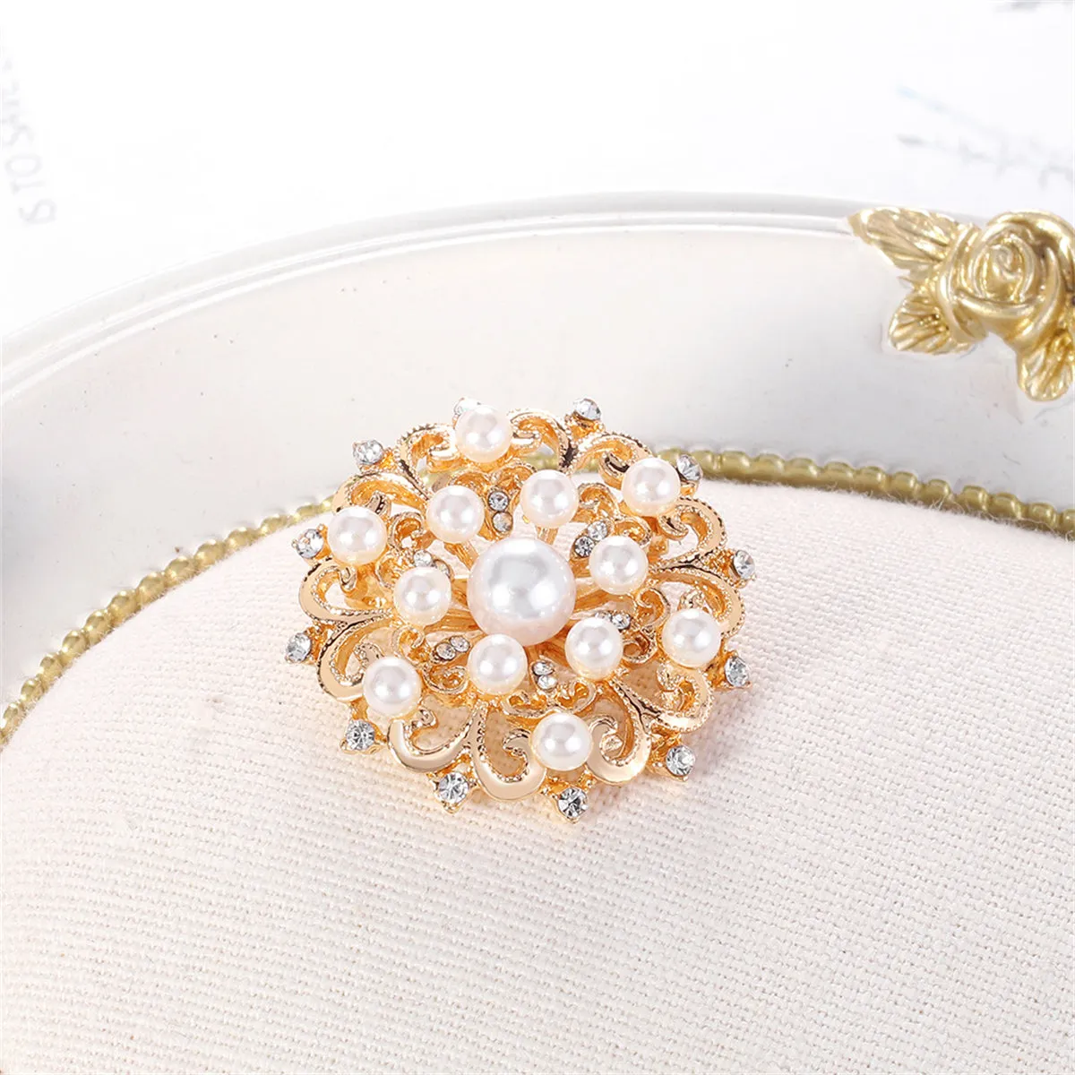 Clear Cubic Zirconia & Pearl 18K Gold-Plated Round Floral Brooch