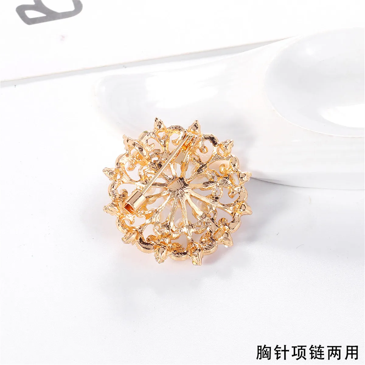 Clear Cubic Zirconia & Pearl 18K Gold-Plated Round Floral Brooch