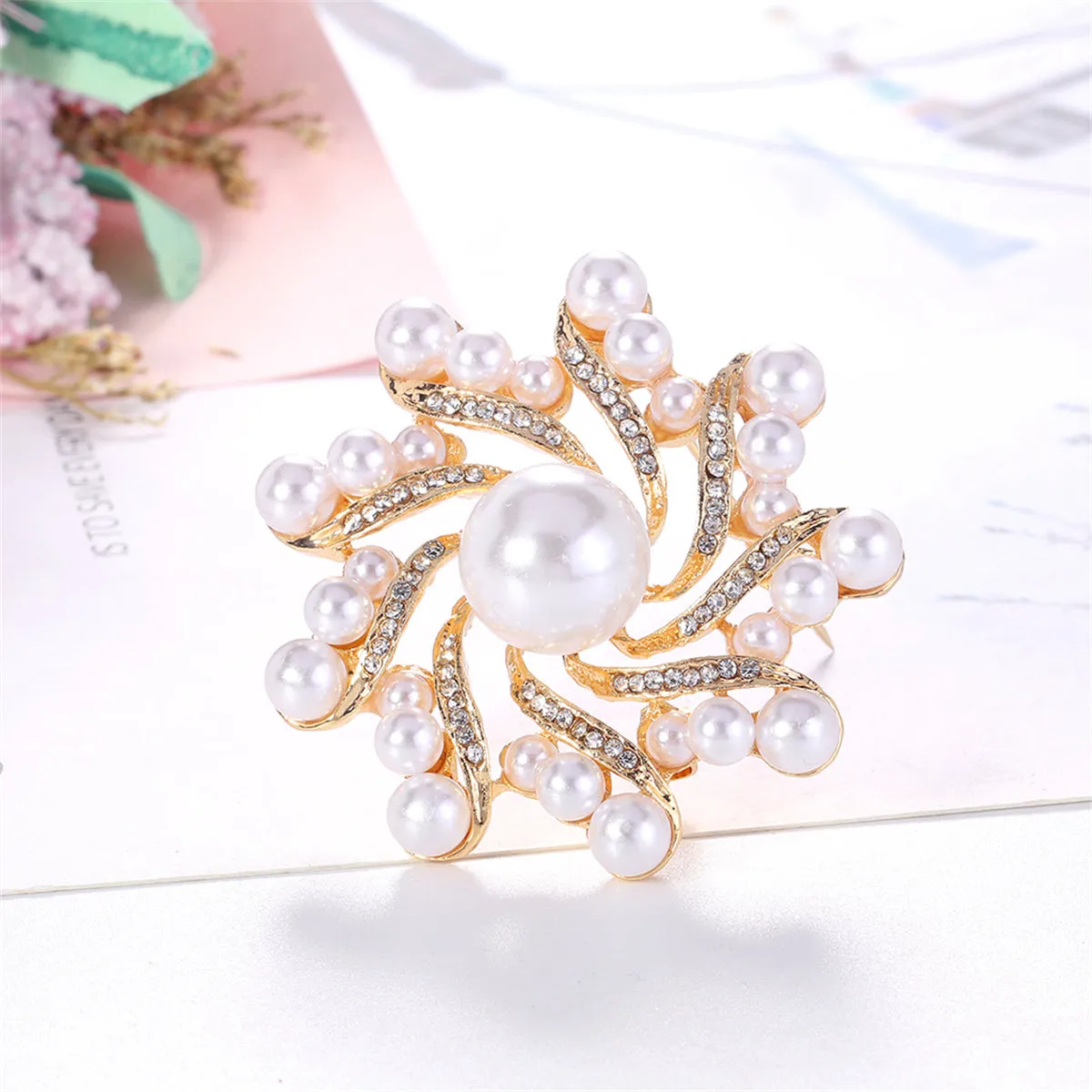 Clear Cubic Zirconia & Pearl 18K Gold-Plated Vortex Brooch