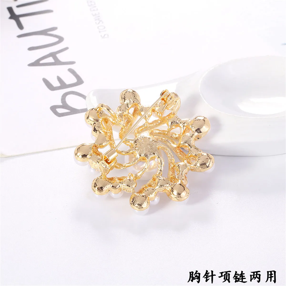 Clear Cubic Zirconia & Pearl 18K Gold-Plated Vortex Brooch