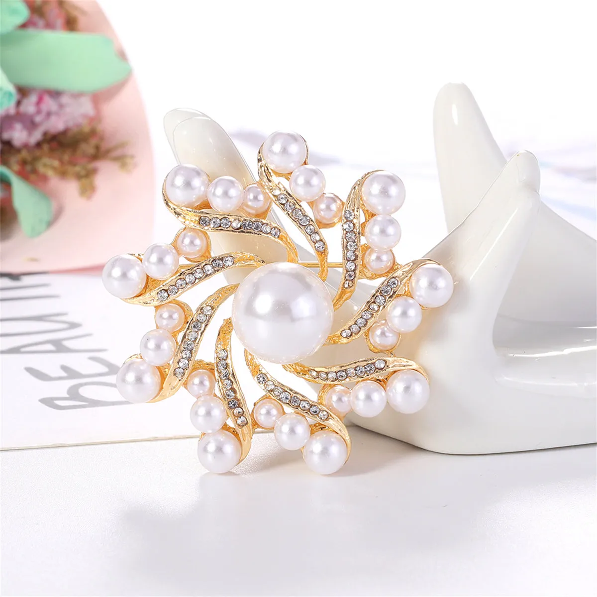 Clear Cubic Zirconia & Pearl 18K Gold-Plated Vortex Brooch