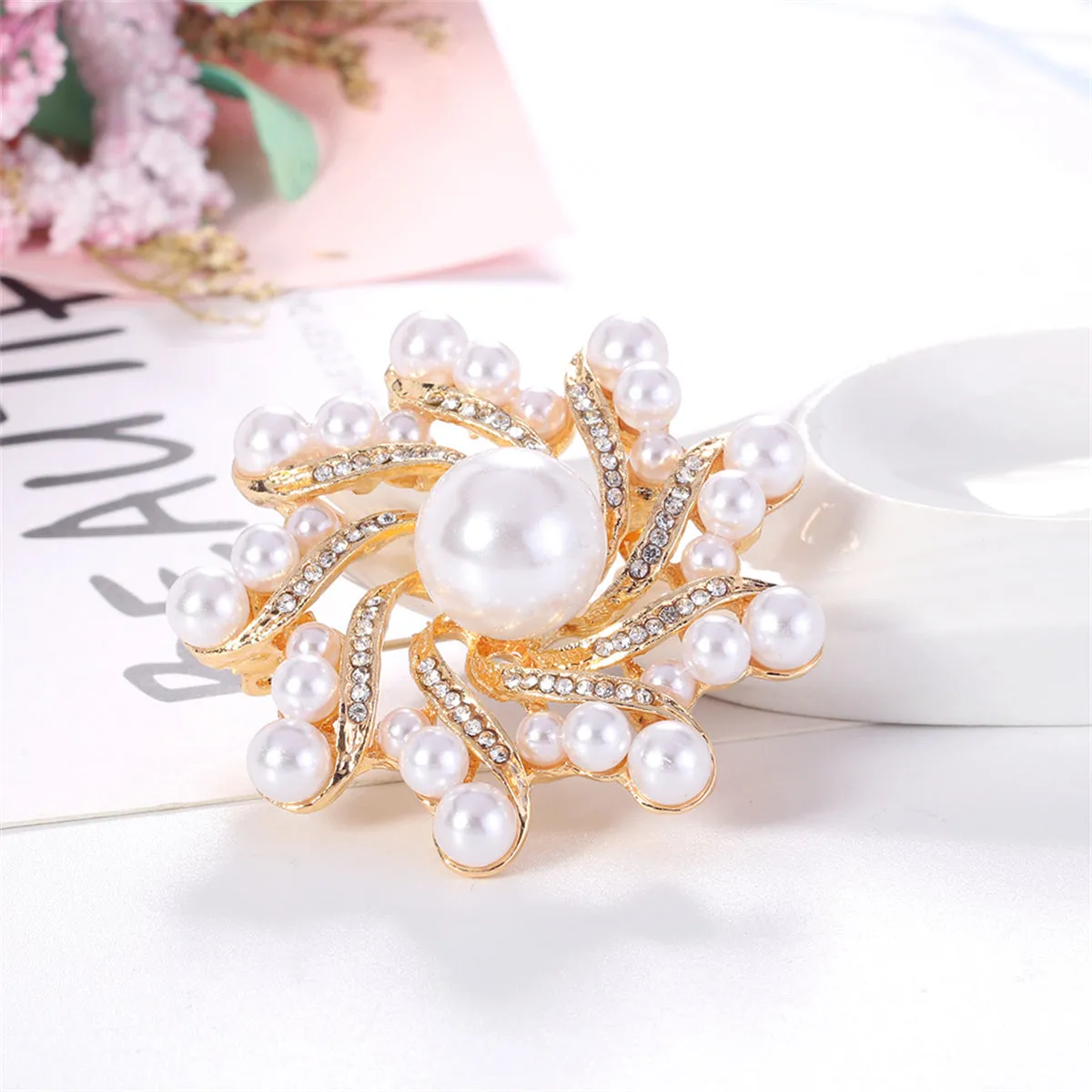Clear Cubic Zirconia & Pearl 18K Gold-Plated Vortex Brooch